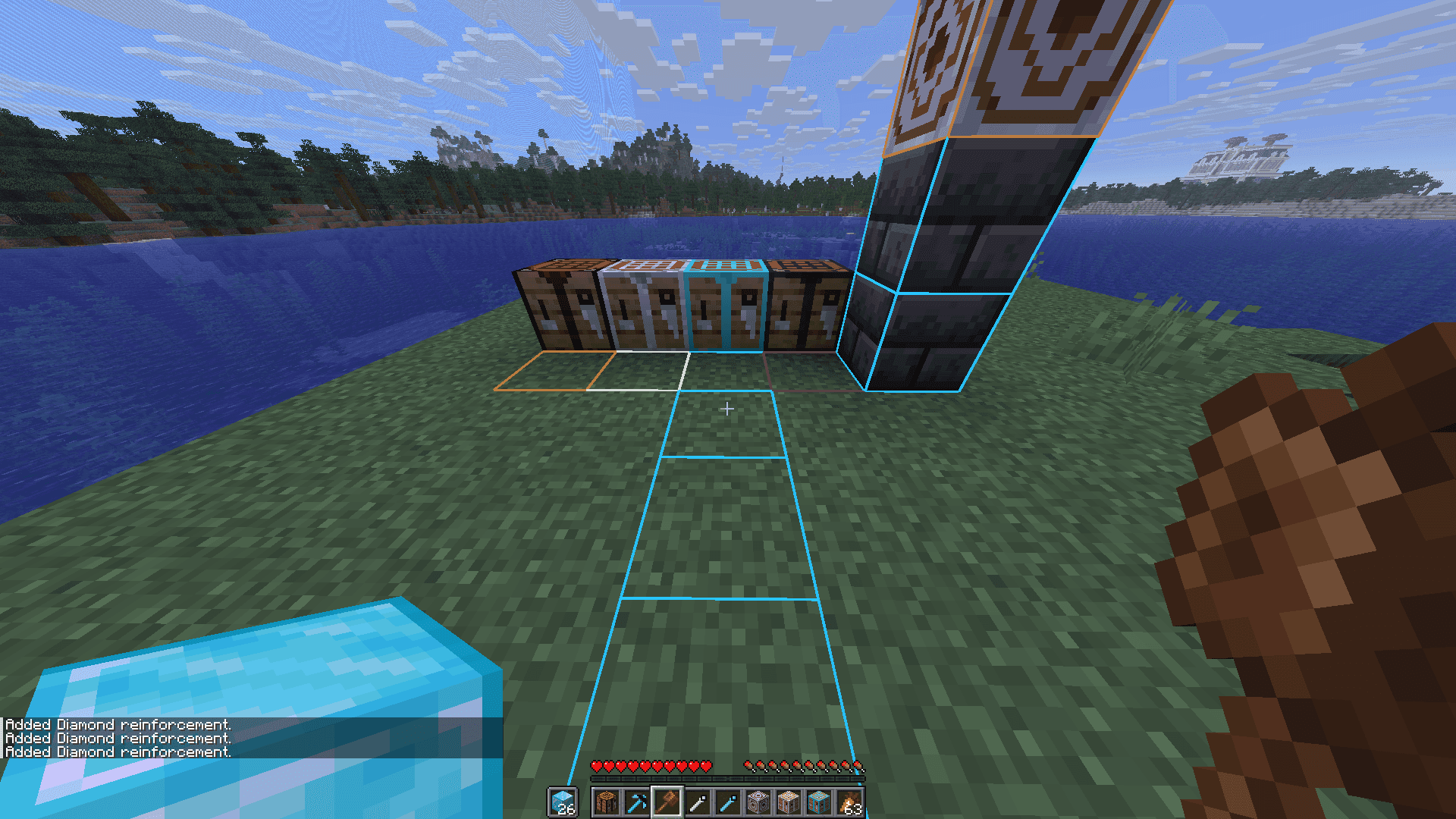Reinforced blocks and custom crafting tables beside a Landlock